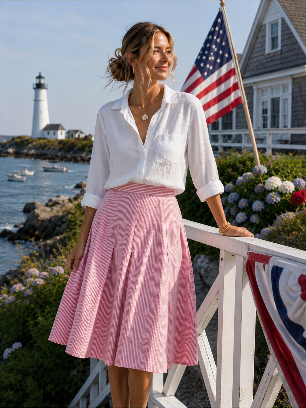 Southern Lady Pink White Strpied Cotton Seersucker A-Line Skirt Size 12 Side Zip